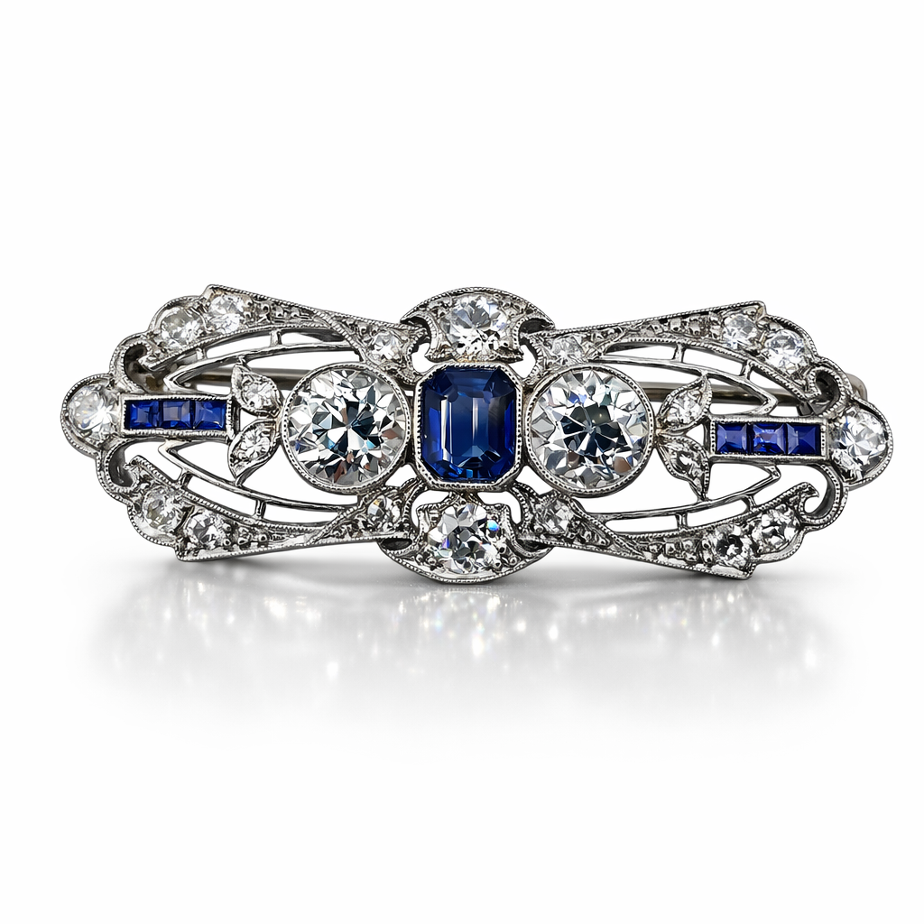 Art Deco Platinum 1.5ct Diamonds and Sapphire Brooch