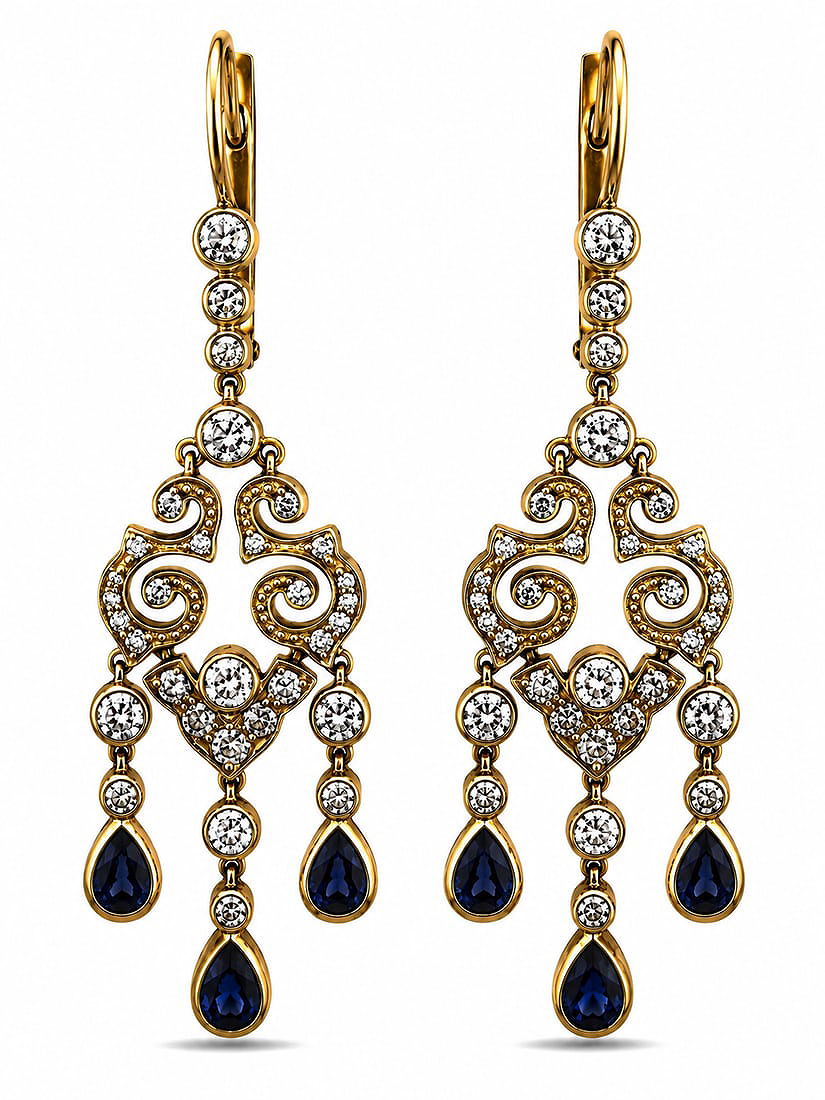 Gold tone chandelier earrings with white diamonds and blue teardrop enamel drops