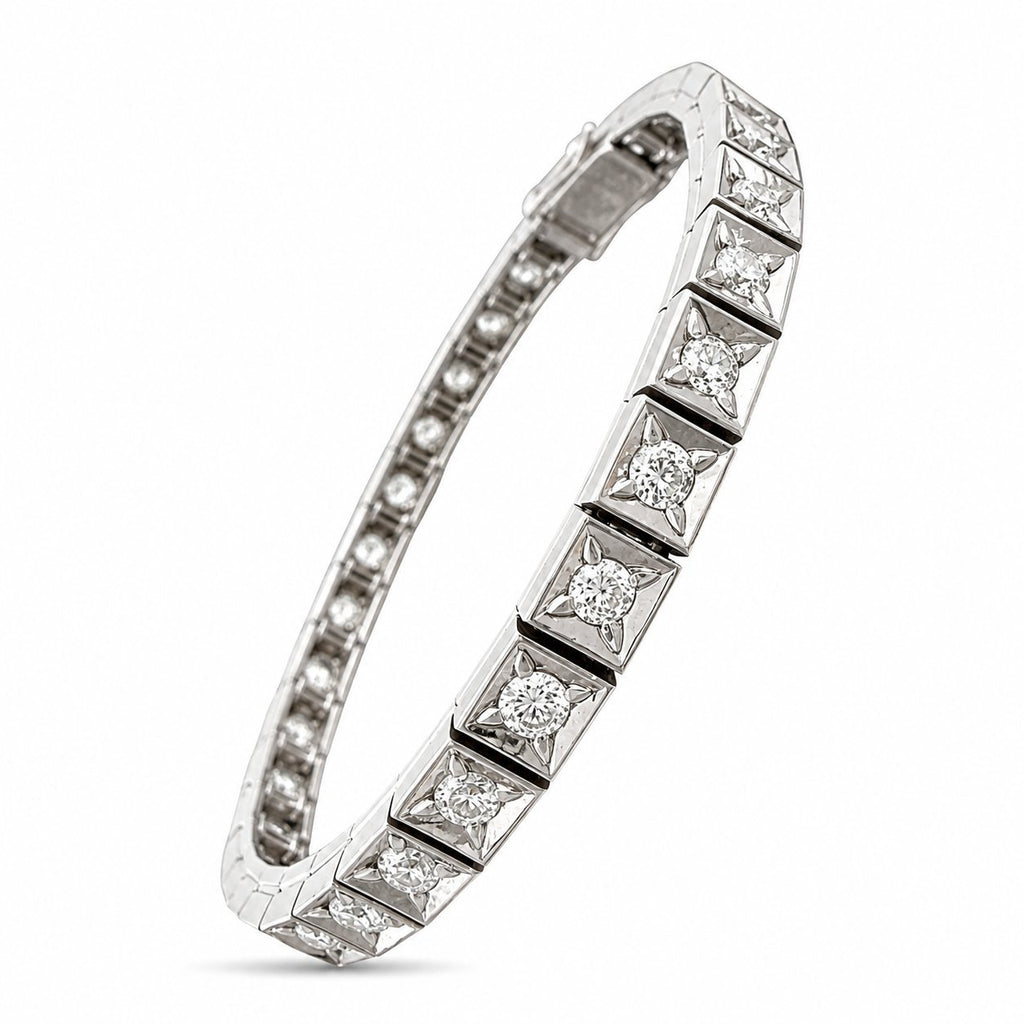 Angled view of white gold diamond tennis bracelet with square link settings