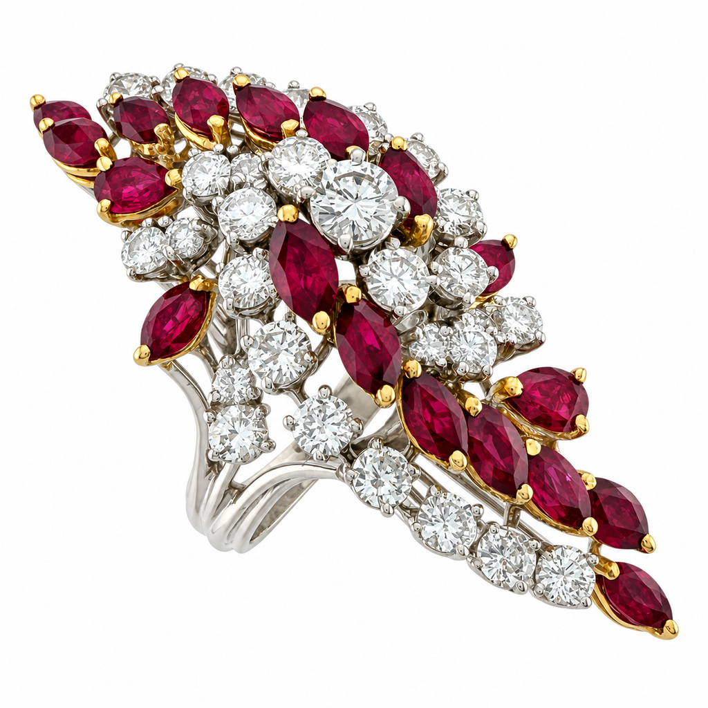 18K white gold diamond and ruby statement ring with marquise rubies