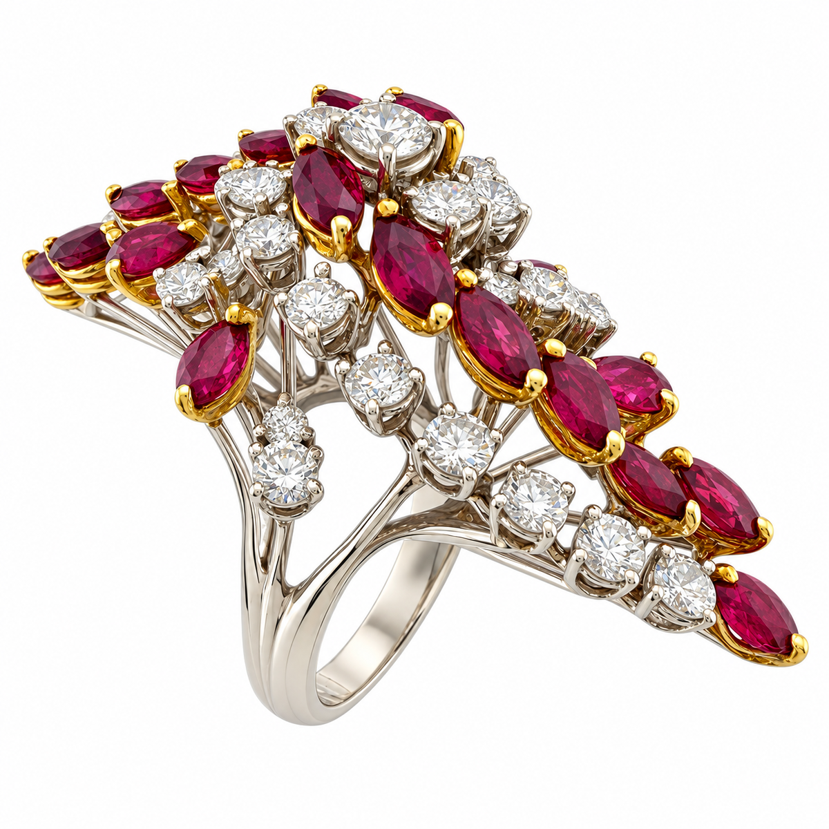 White gold statement ring with marquise red rubies and round diamonds, split prong setting