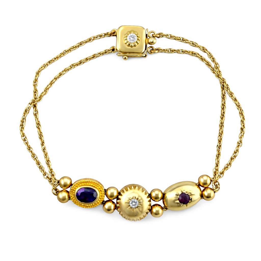 14K Yellow Gold Amethyst Ruby and Diamond Bracelet
