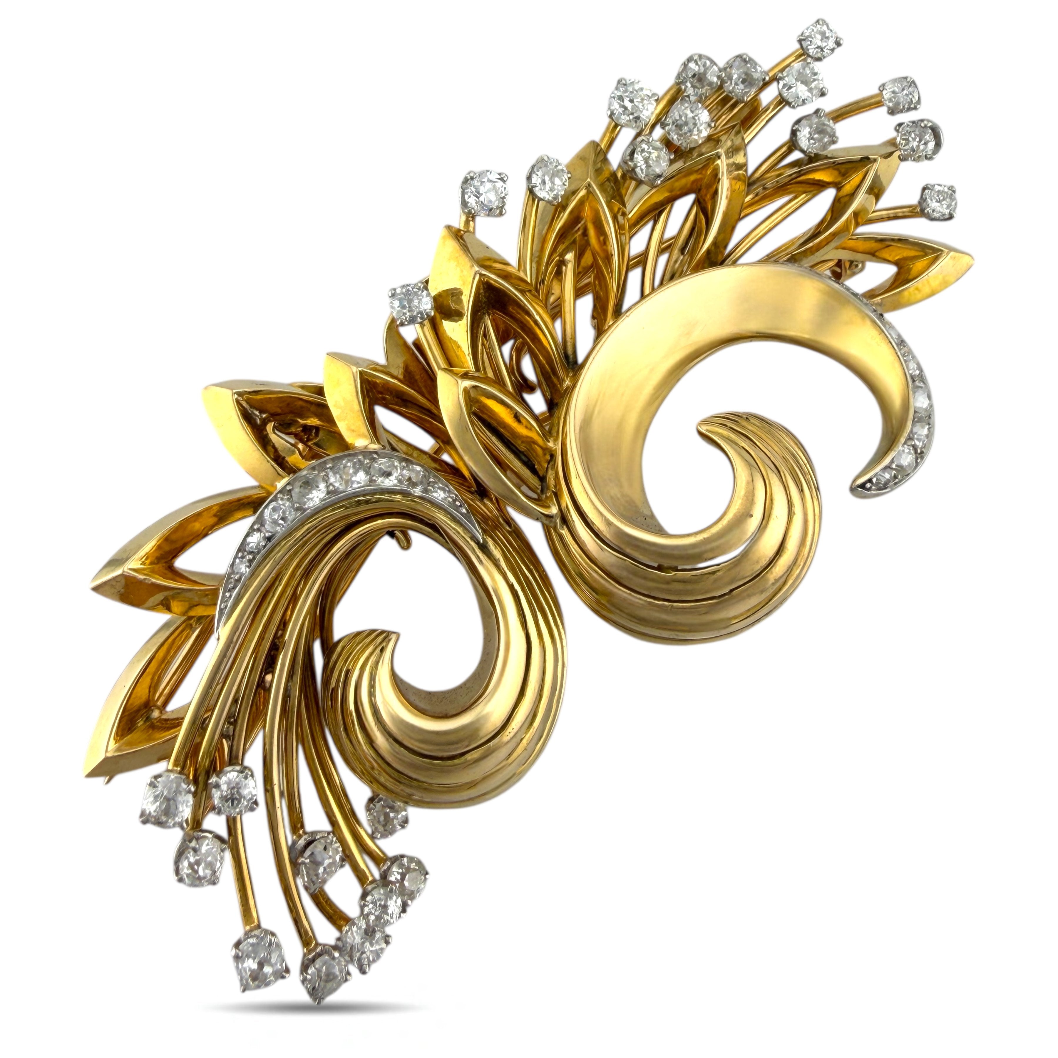 Brooch - 18 kt. Yellow gold, Exclusive French 18K Yellow Gold Three-Piece 3.41ct Diamond Brooch -  3.41ct. tw. Diamond (Natural)