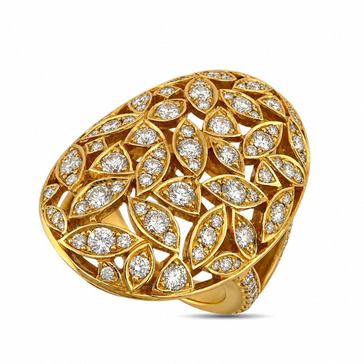 Yellow gold oval statement ring with clustered teardrop/leaf diamond pattern