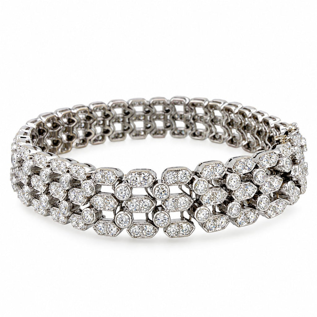 18K white gold diamond link bracelet, wide multi-row design with round brilliant stones