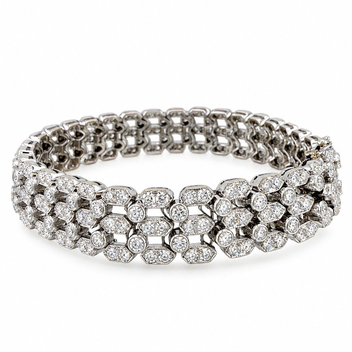 18K white gold diamond link bracelet, wide multi-row design with round brilliant stones