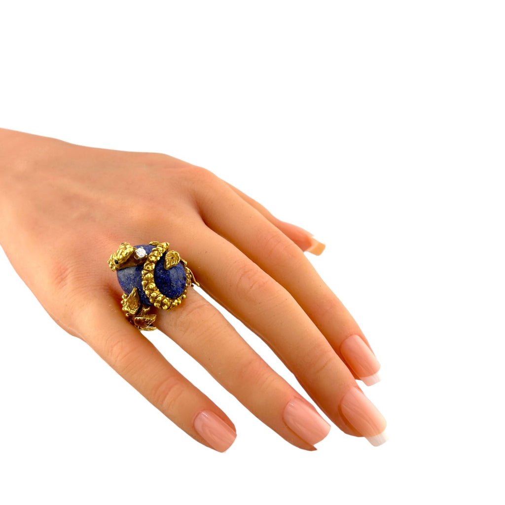 18K Yellow Gold Lapis 0.08ct Diamond and 40ct Sapphire Snake Ring
