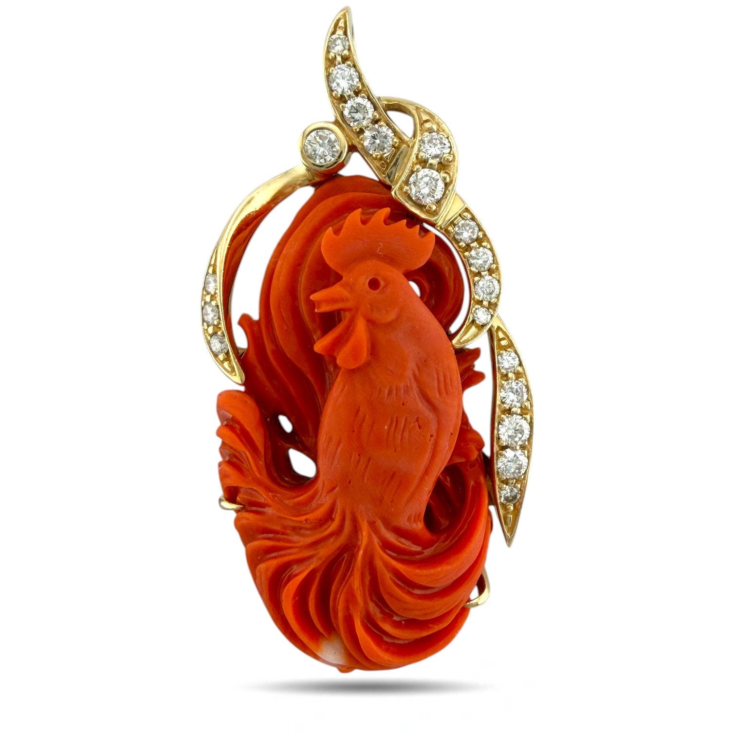 14K Yellow Gold Large Carved Coral and 1.15ct Diamond Rooster Pendant
