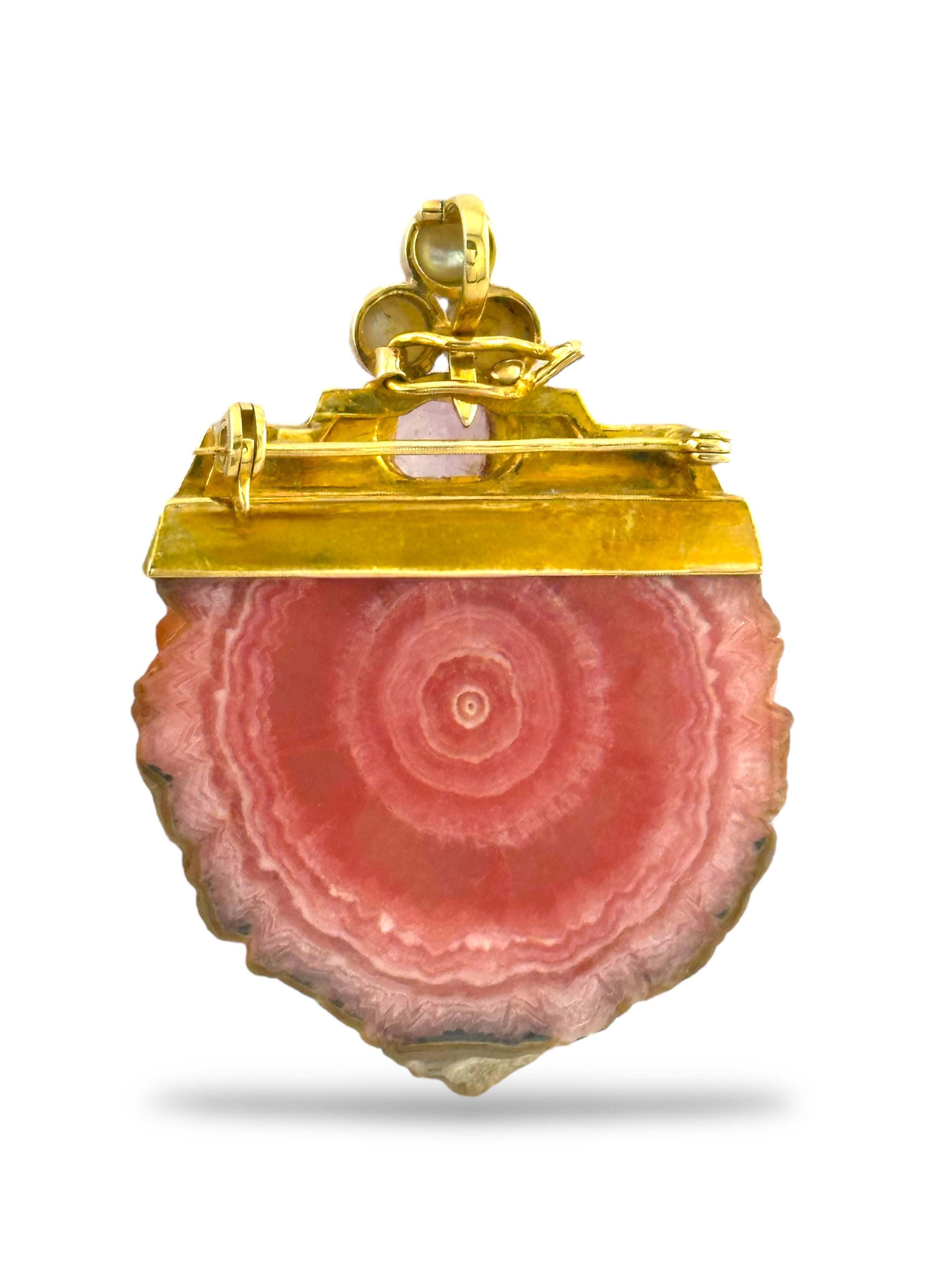 Brooch - 18 kt. Yellow gold, 18K Yellow Gold Brooch / Necklace  with 1.55Ct Kunzite, Rhodochrosite, and Pearls