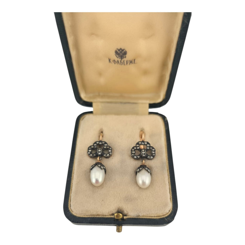 Imperial Russian  56k Rose Gold Pearl & Diamond Earrings with Box