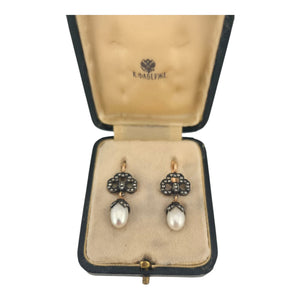 Imperial Russian  56k Rose Gold Pearl & Diamond Earrings with Box