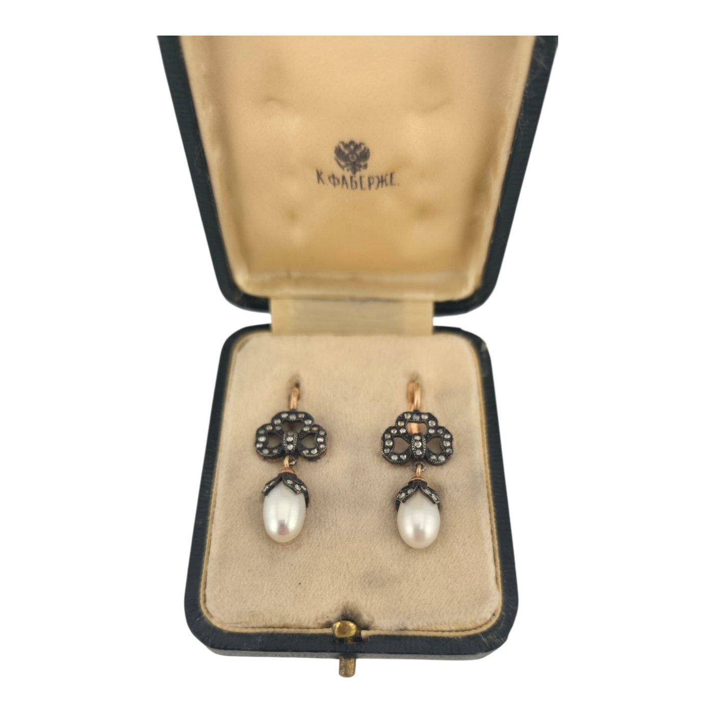 Imperial Russian  56k Rose Gold Pearl & Diamond Earrings with Box