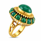 14K yellow gold jade cabochon ring with green side stones and textured scalloped bezel