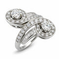 18K white gold diamond ring with two round center stones and pavé accents