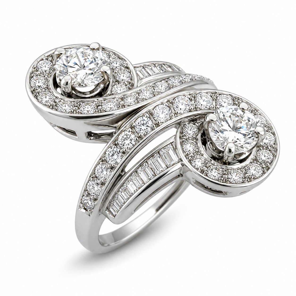 18K white gold diamond ring with two round center stones and pavé accents