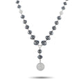 Diamond tennis necklace with dark gray round beads and round pavé drop pendant