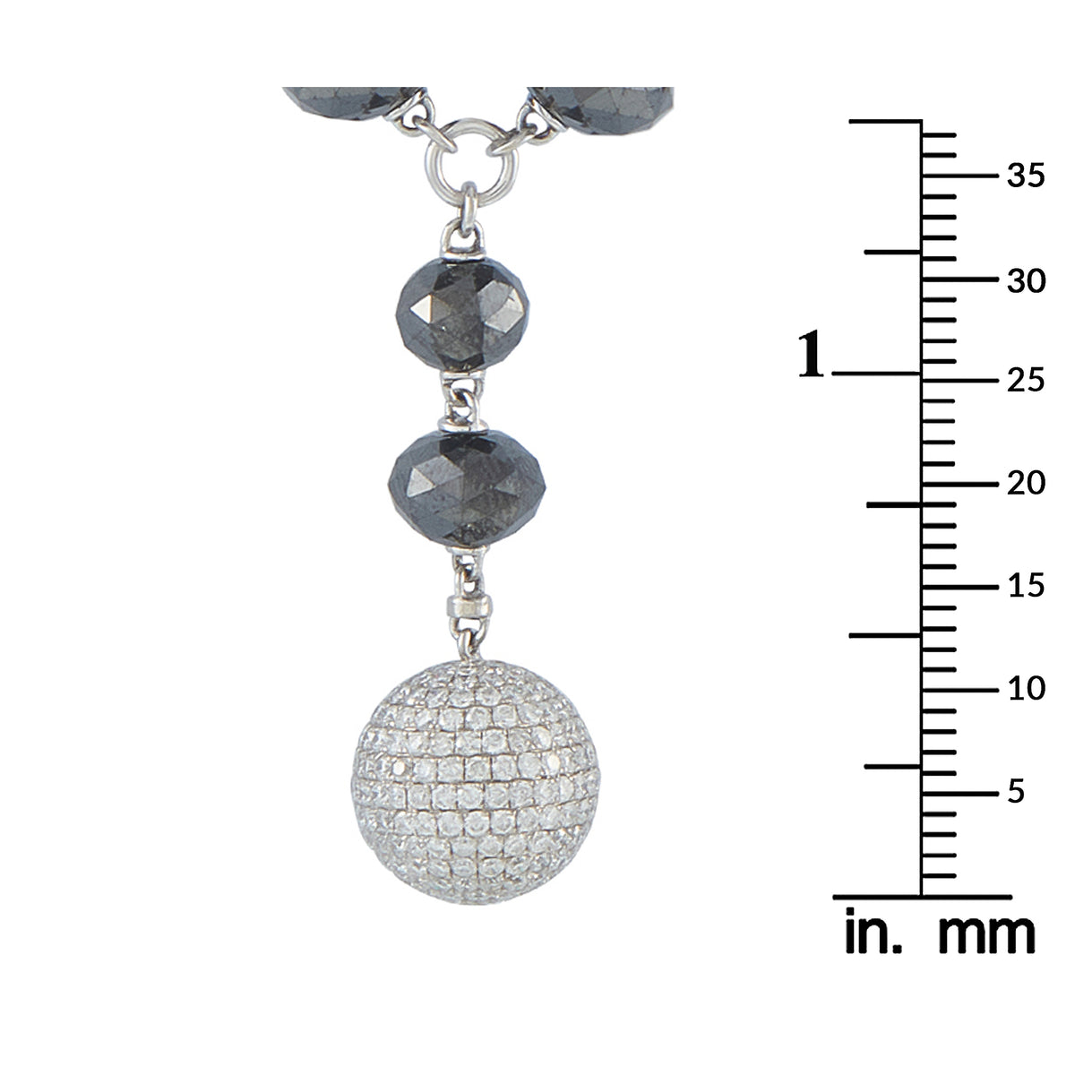 Diamond bead necklace with dark round stones and round pavé pendant centerpiece
