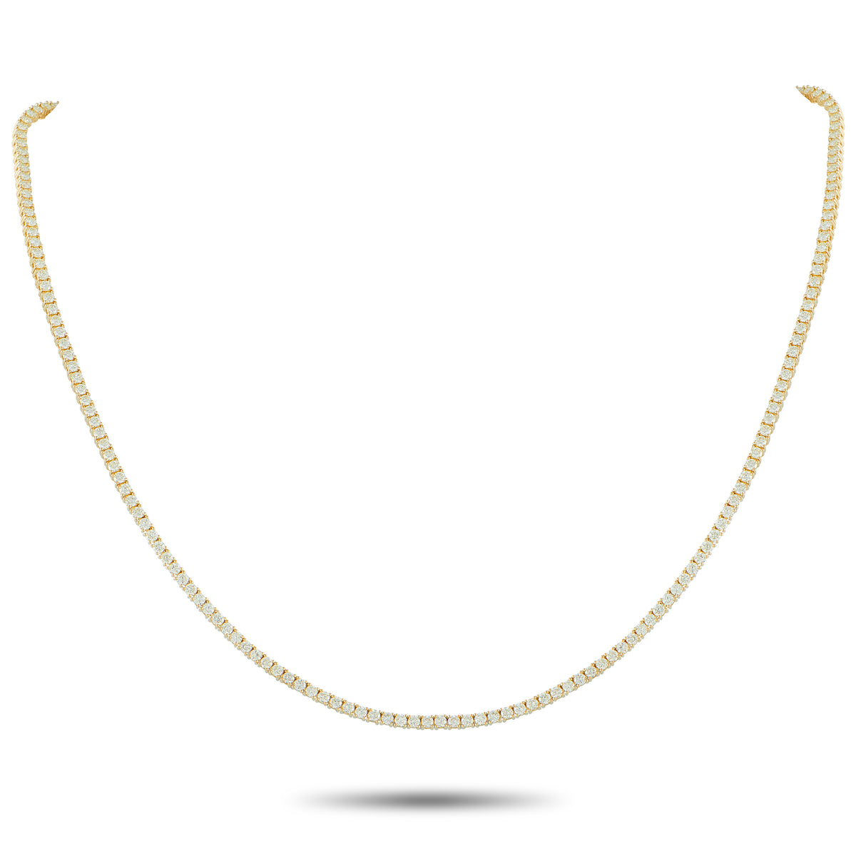 18K yellow gold diamond tennis necklace, full length with micro-set stones