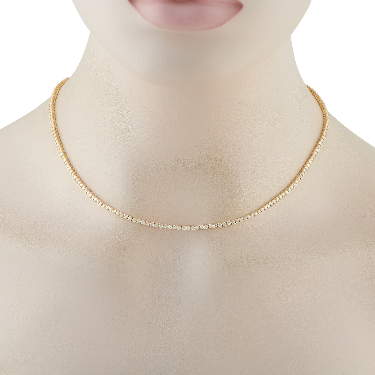 18K yellow gold diamond tennis necklace, close view of sparkling row