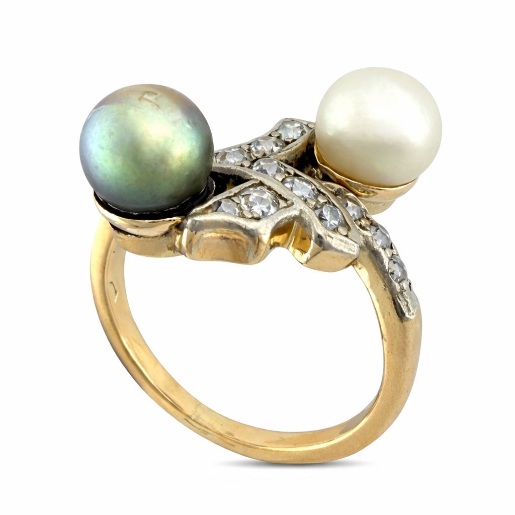 Antique 14K Rose Gold Pearl and 0.4ct Diamond Ring
