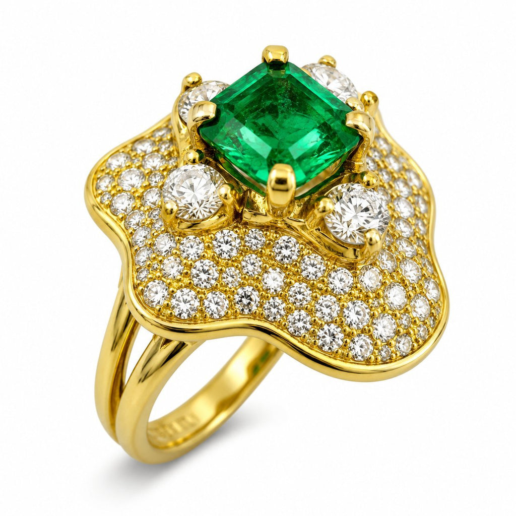 18K Yellow Gold 0.80ct Emerald and 1.08ct Diamond Cocktail Ring