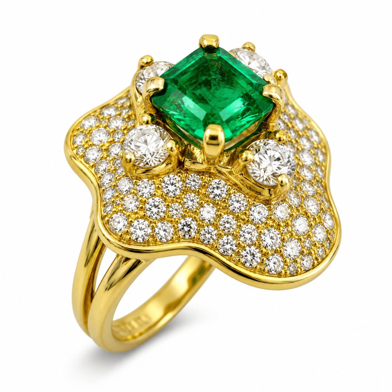 18K Yellow Gold 0.80ct Emerald and 1.08ct Diamond Cocktail Ring