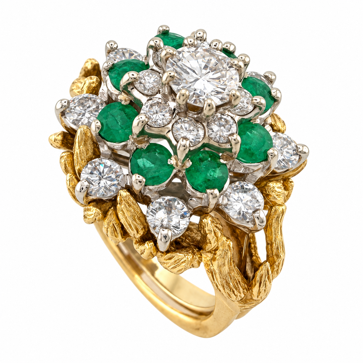 Gold ring with round diamonds and green emerald clusters in a sculpted setting