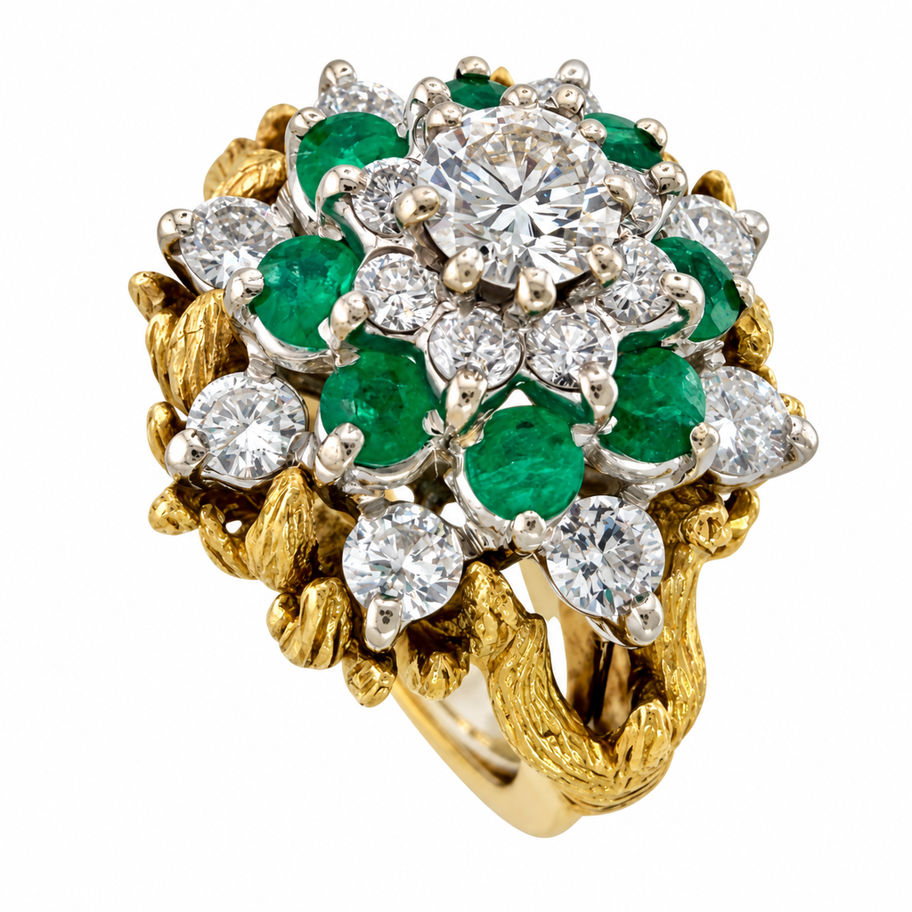 Yellow gold diamond and emerald cocktail ring with clustered round gemstones