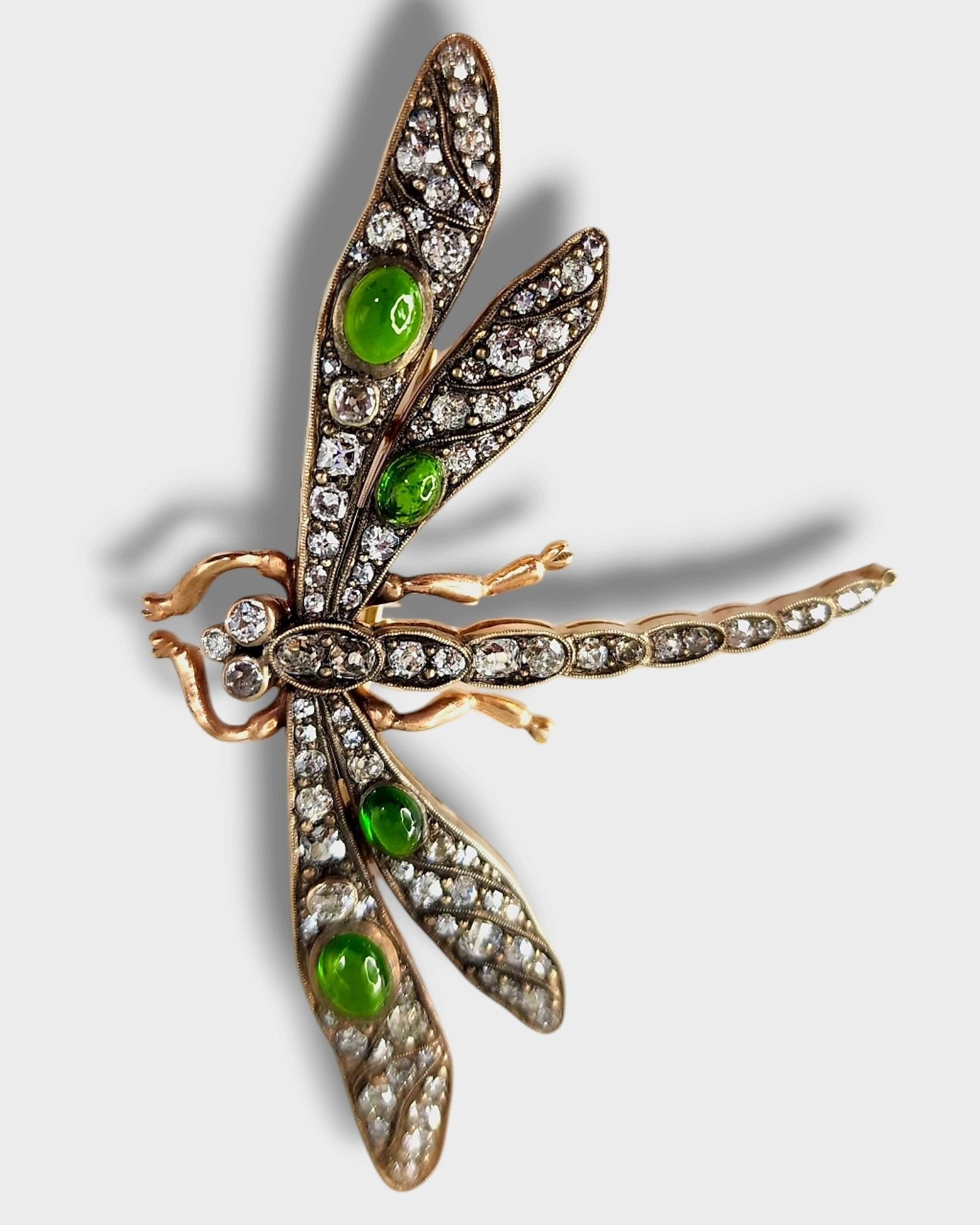 Imperial Russian 56K Gold and Diamond Dragonfly Art Nouveau Brooch 2.7ct