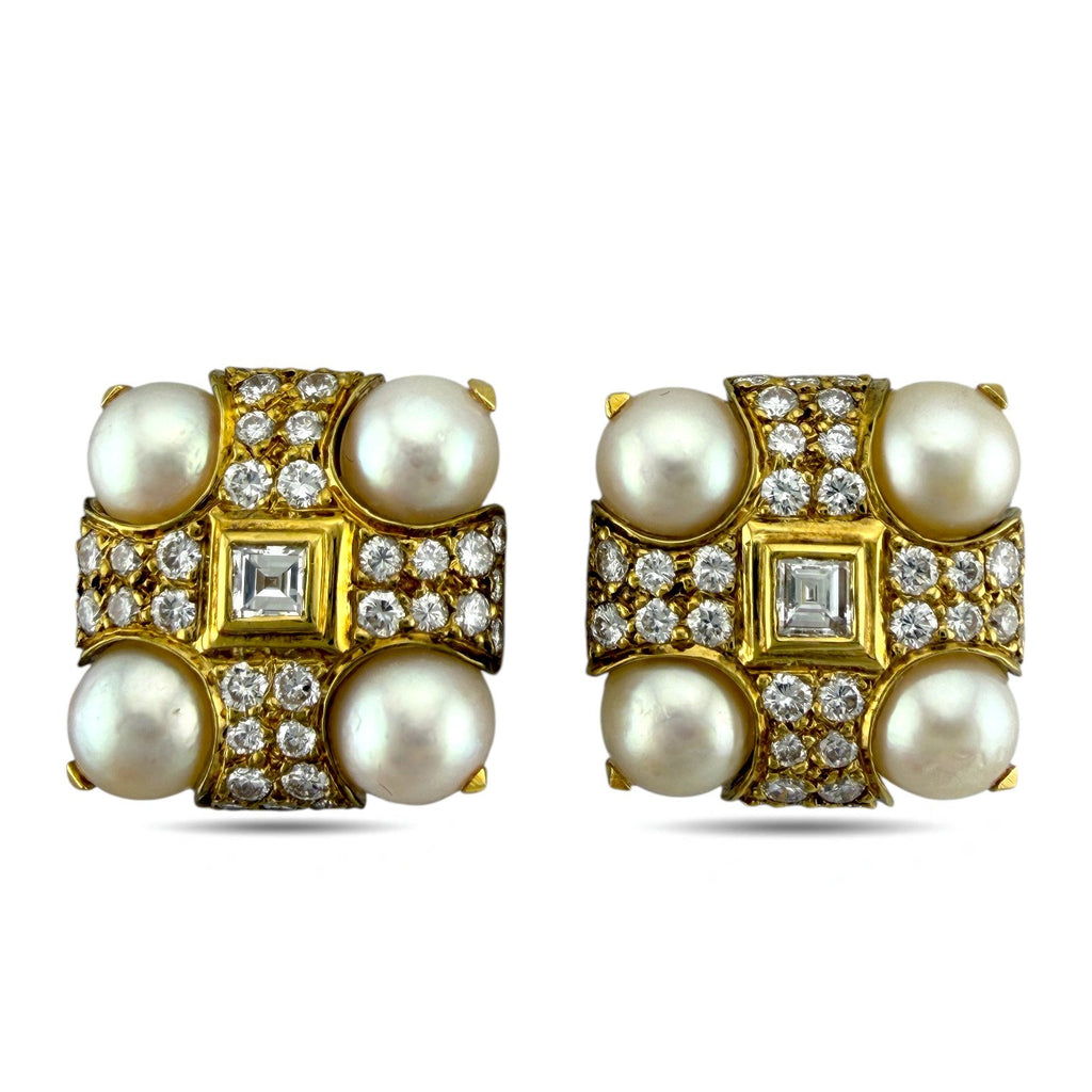 18K Yellow Gold 5.6ct Diamond and Pearl Clip-On Earrings