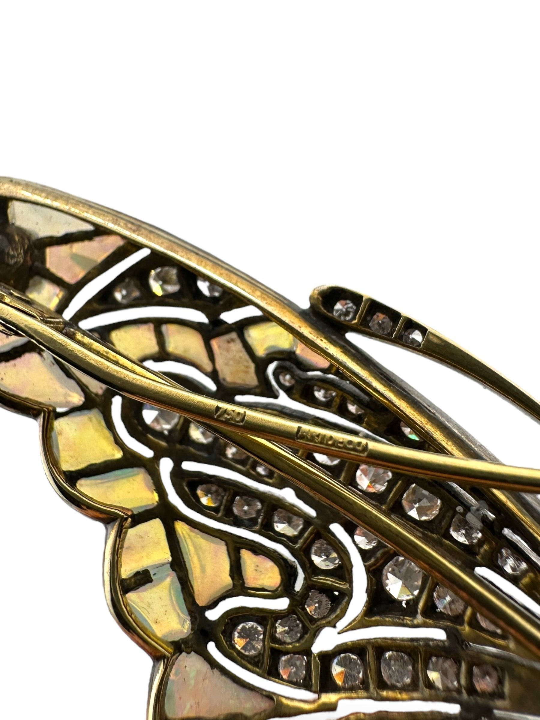 18K Yellow Gold Large Butterfly Brooch with Diamonds, Opals and Ruby Eyes Signed Art Deco
