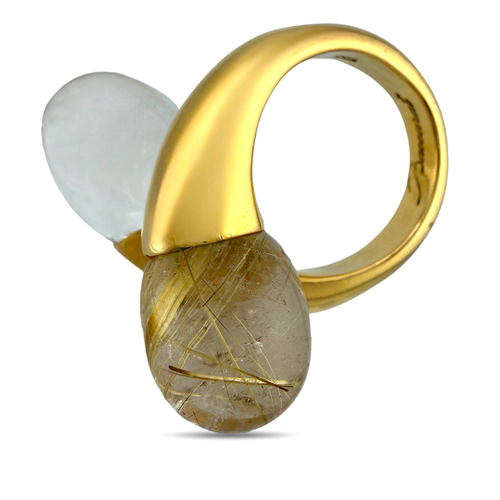 Bacharach 18K Yellow Gold Smoky and Rutilated Quartz Necklace and Ring Set