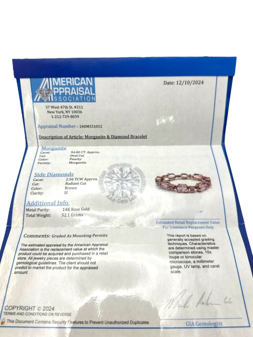 Jewelry appraisal document for a morganite and diamond bracelet