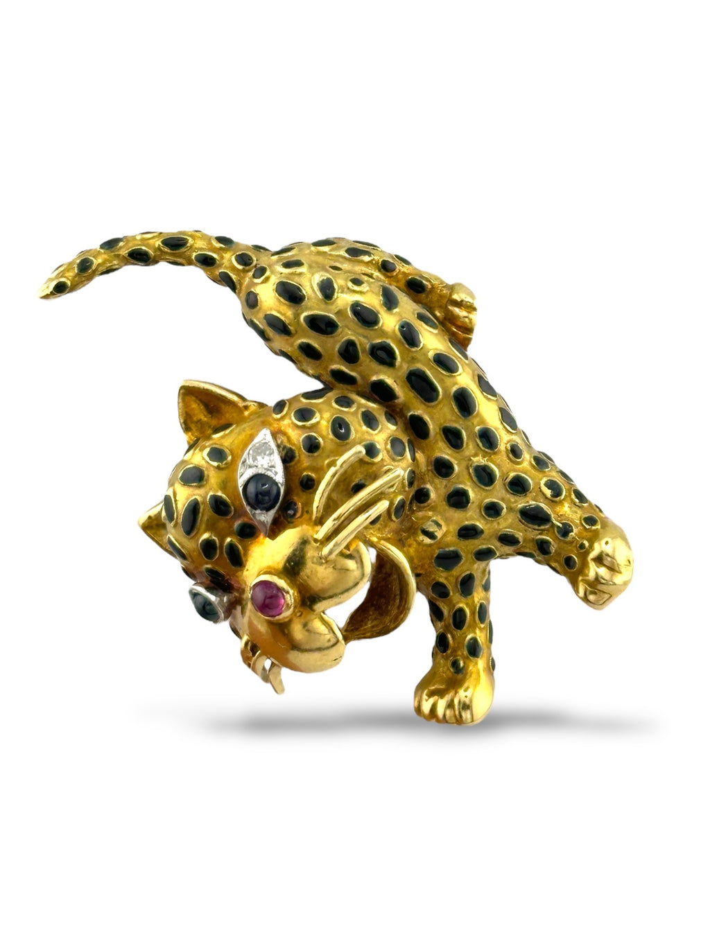 18K Yellow Gold Leopard Brooch with Diamonds, Ruby and Enamel