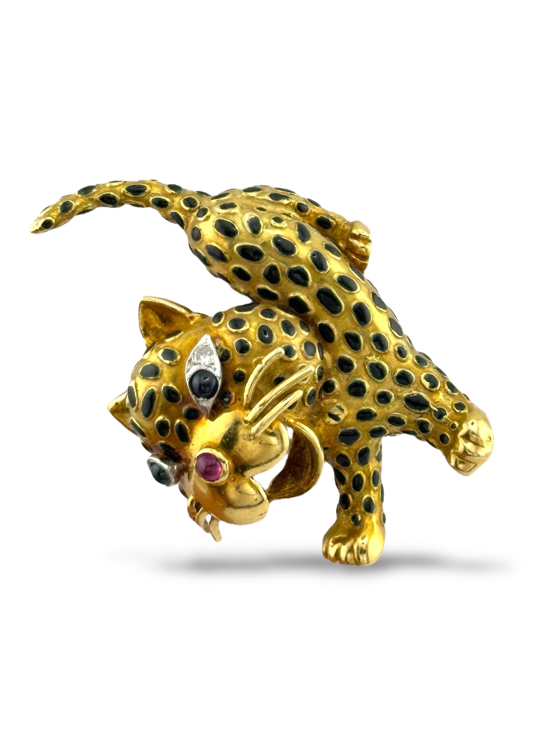 Brooch - 18 kt. 18K Yellow Gold Leopard Brooch with Diamonds, Ruby & Enamel, Yellow gold