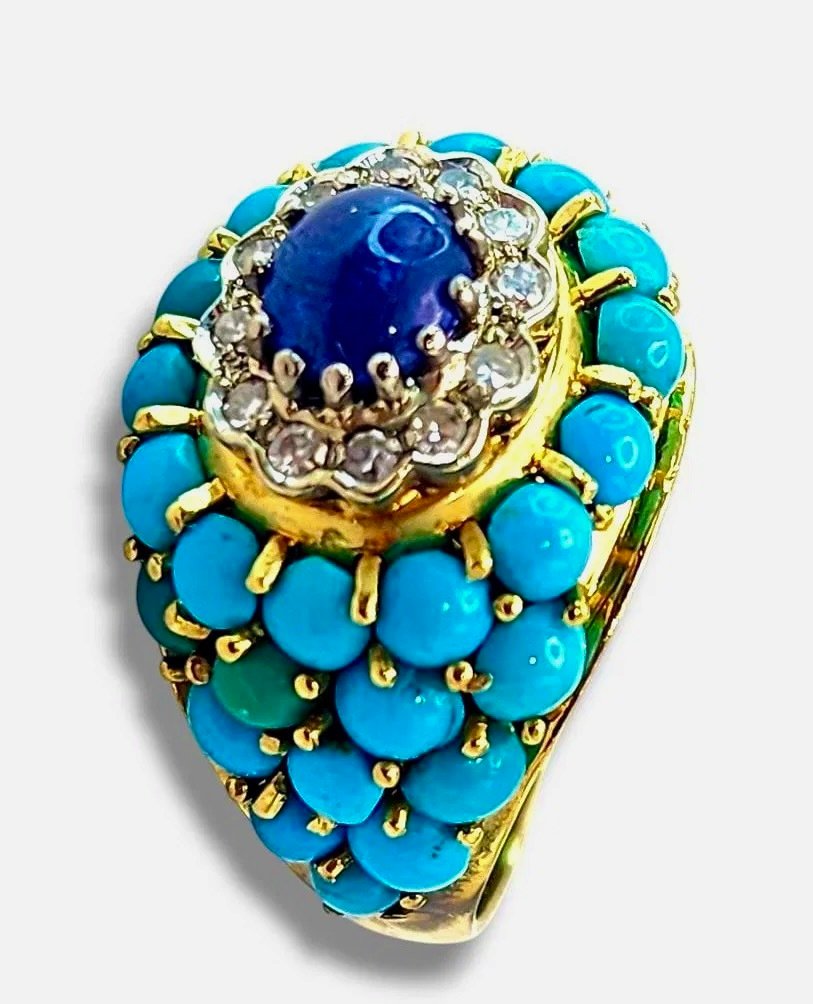 18K Gold Turquoise Diamond and Sapphire Ring