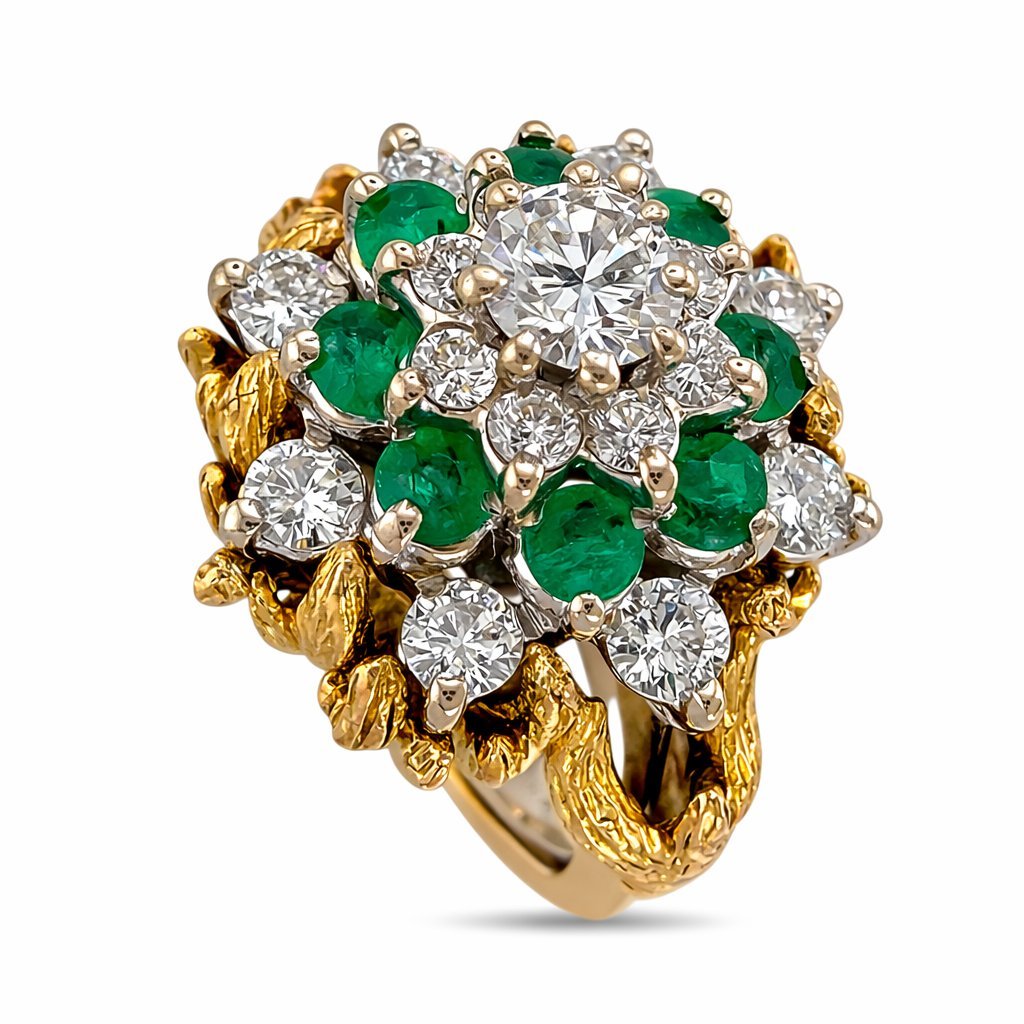 14K Yellow Gold Ring Featuring 17 Sparkling Diamonds and 8 Vibrant Emeralds