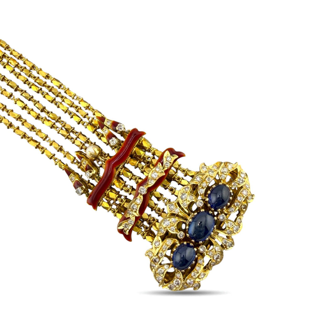 Antique 18K Yellow Gold Red Enamel 4.00ct Sapphire and 2.50ct Diamond Bracelet