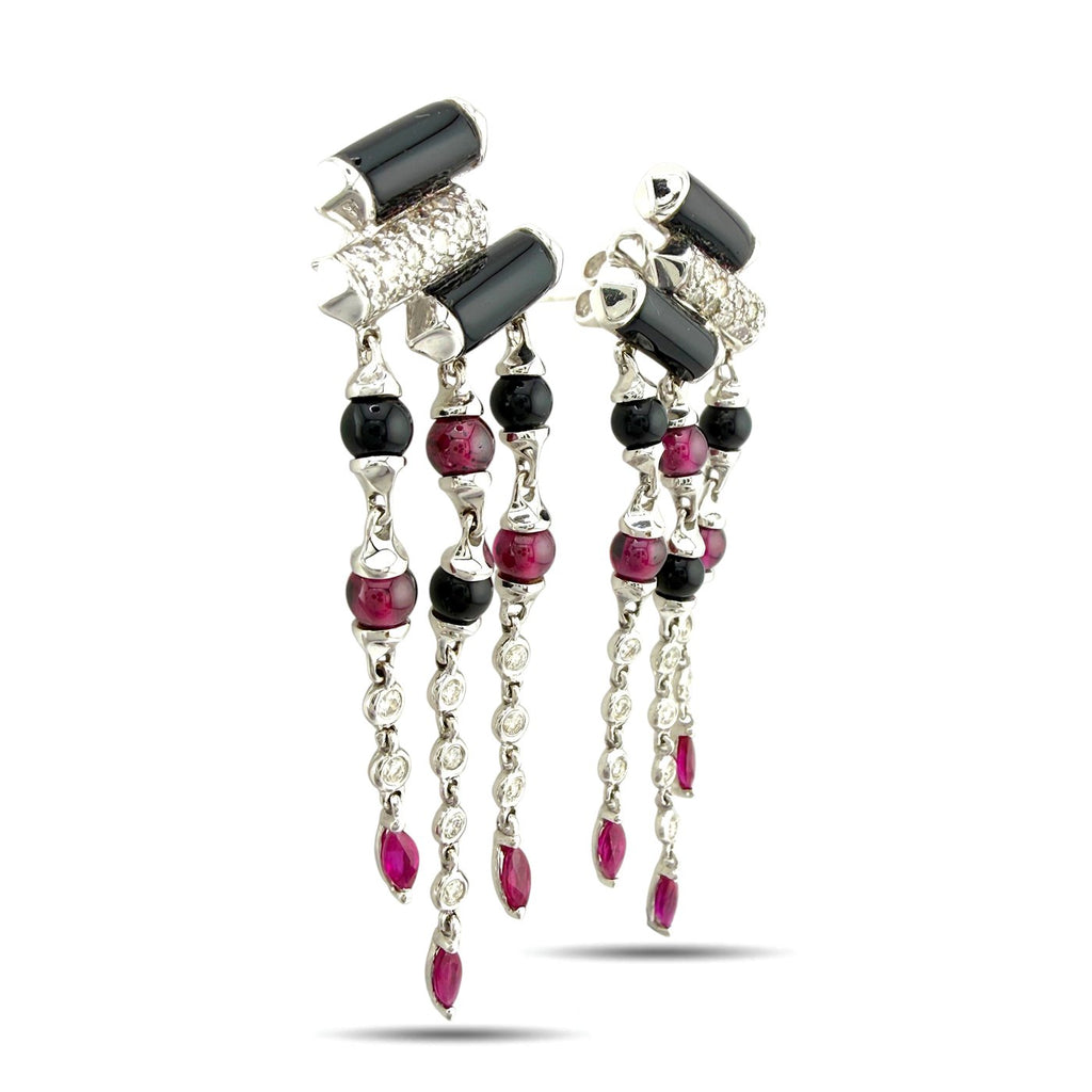 White gold dangle earrings with rectangular black stones, ruby and onyx bead drops