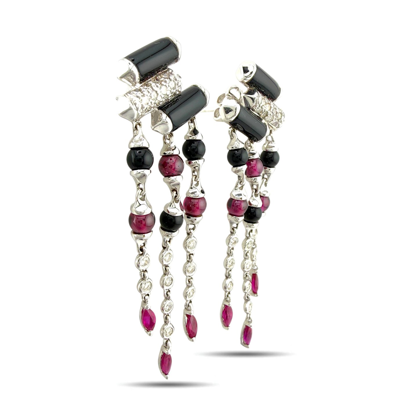 White gold dangle earrings with rectangular black stones, ruby and onyx bead drops