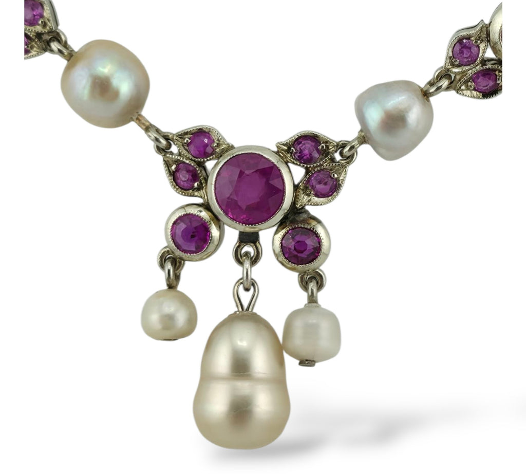 14K Gold Necklace with Natural Rubies and Pearls