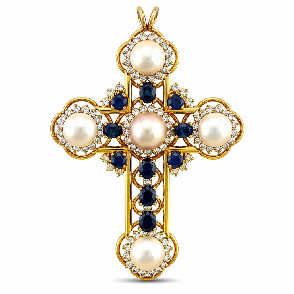 Gold cross pendant with pearl centers, blue sapphires, and diamond halo accents