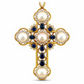 Gold cross pendant with pearl centers, blue sapphires, and diamond halo accents