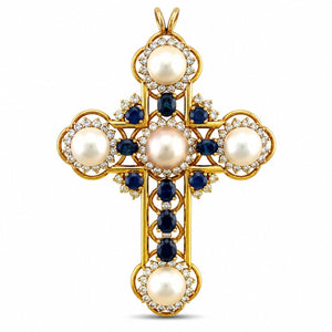 Very Large 14K Yellow Gold 8.75ct Sapphire 5.00ct Diamond & Pearl Cross Pendant