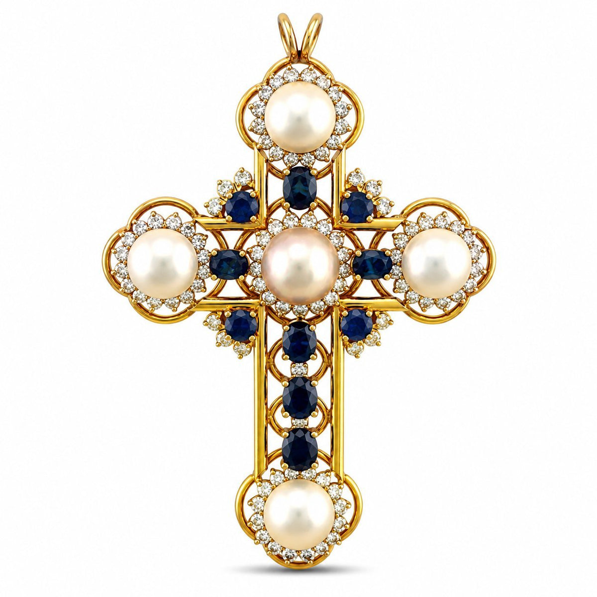 Gold cross pendant with pearl centers, blue sapphires, and diamond halo accents