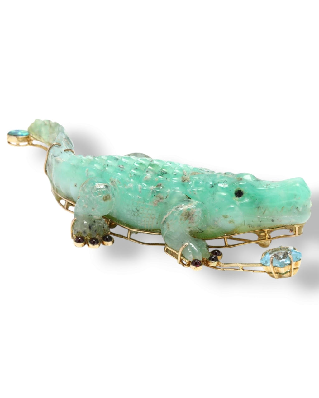 14K Yellow Gold and Jade Crocodile Brooch with Opal Rubies and Blue Topaz