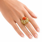 14K Yellow Gold Large Coral and 1.5ct Diamond Ring