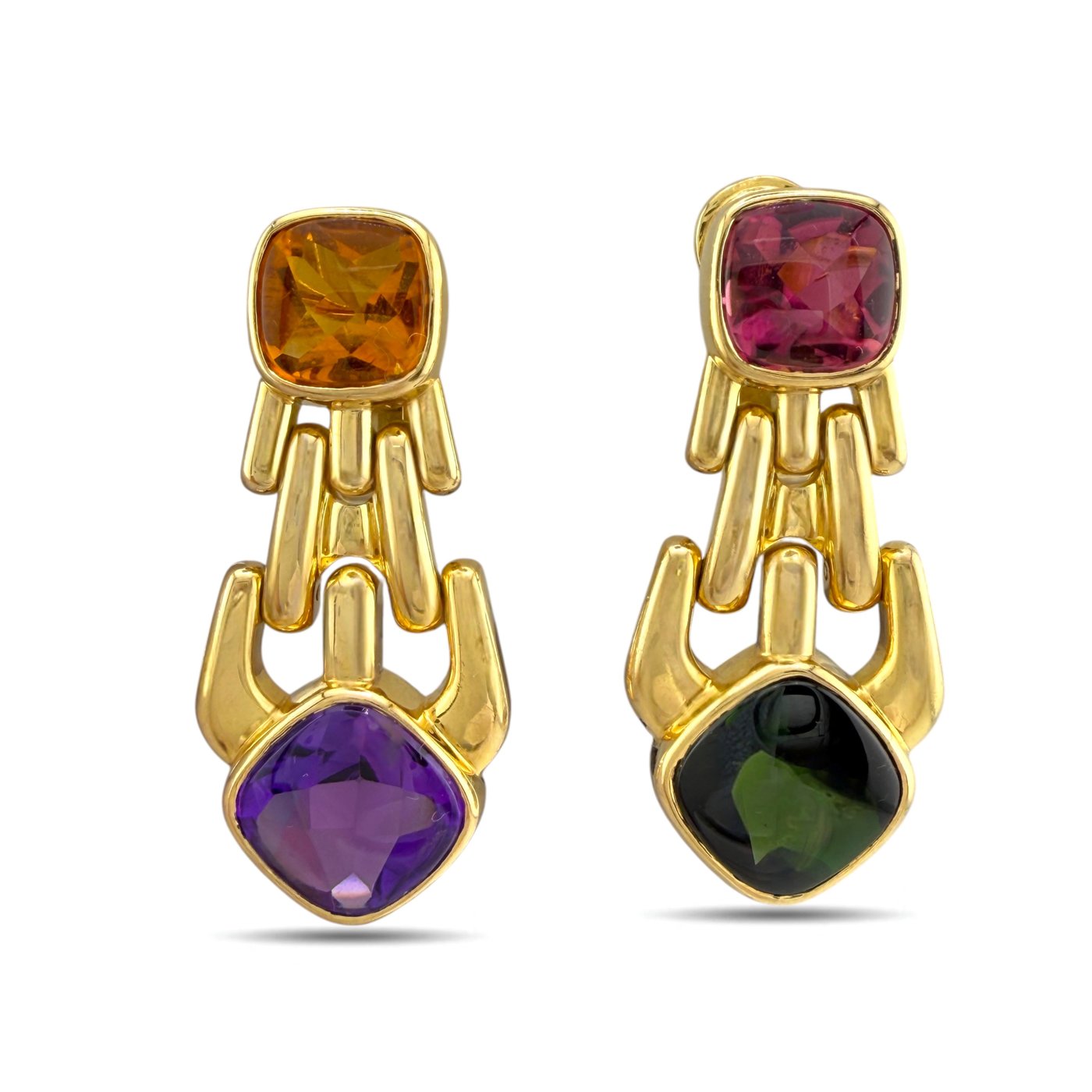 Italian 18K Yellow Gold Citrine Amethyst Pink Tourmaline and Peridot Cascade Clip On Earrings