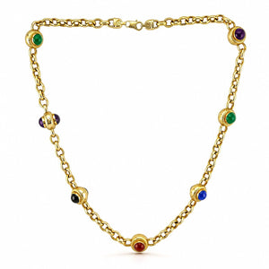 Italian 14K Yellow Gold Multi Gemstone Cabochon Round Necklace