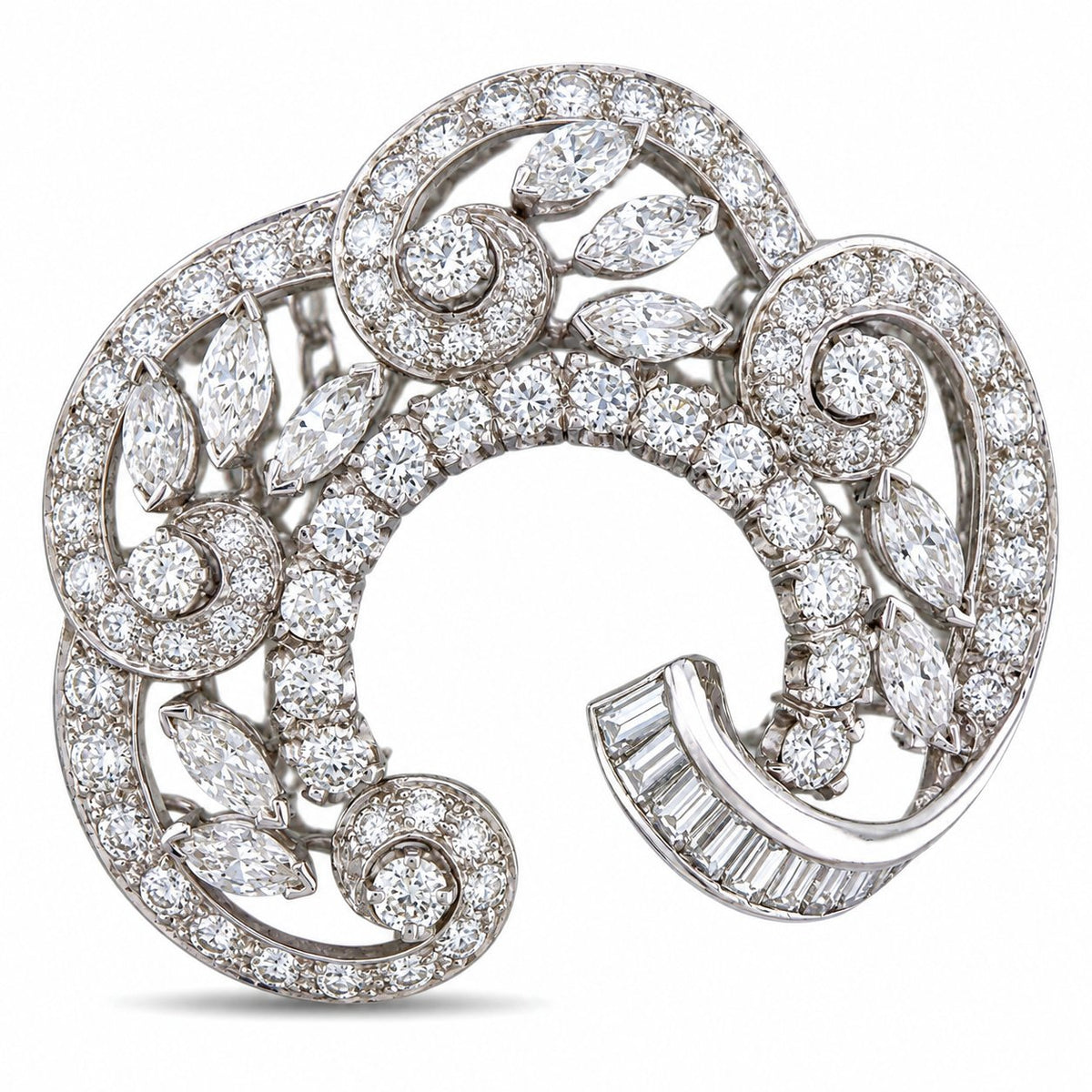 18K white gold diamond swirl brooch with round and pear stones, close-up setting.
